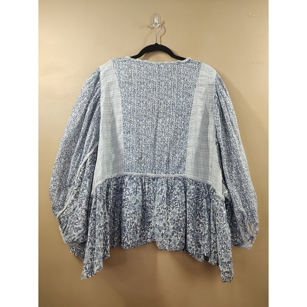 American Eagle Women XXL Blue Floral Stripe Mixed Print Babydoll Blouse Top - Picture 2 of 8